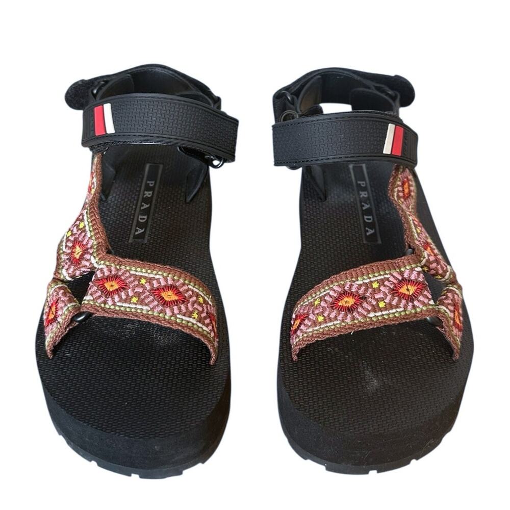 PRADA Nomad  Platform Trekking Sandals Embroidered Black Brown 36.5